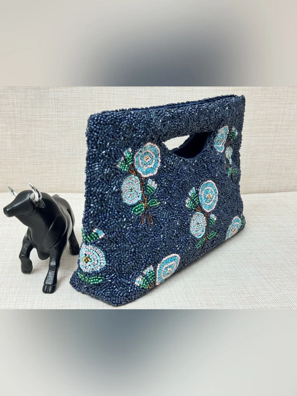 Embroidered Navy Beaded Floral Wristlet Clutch